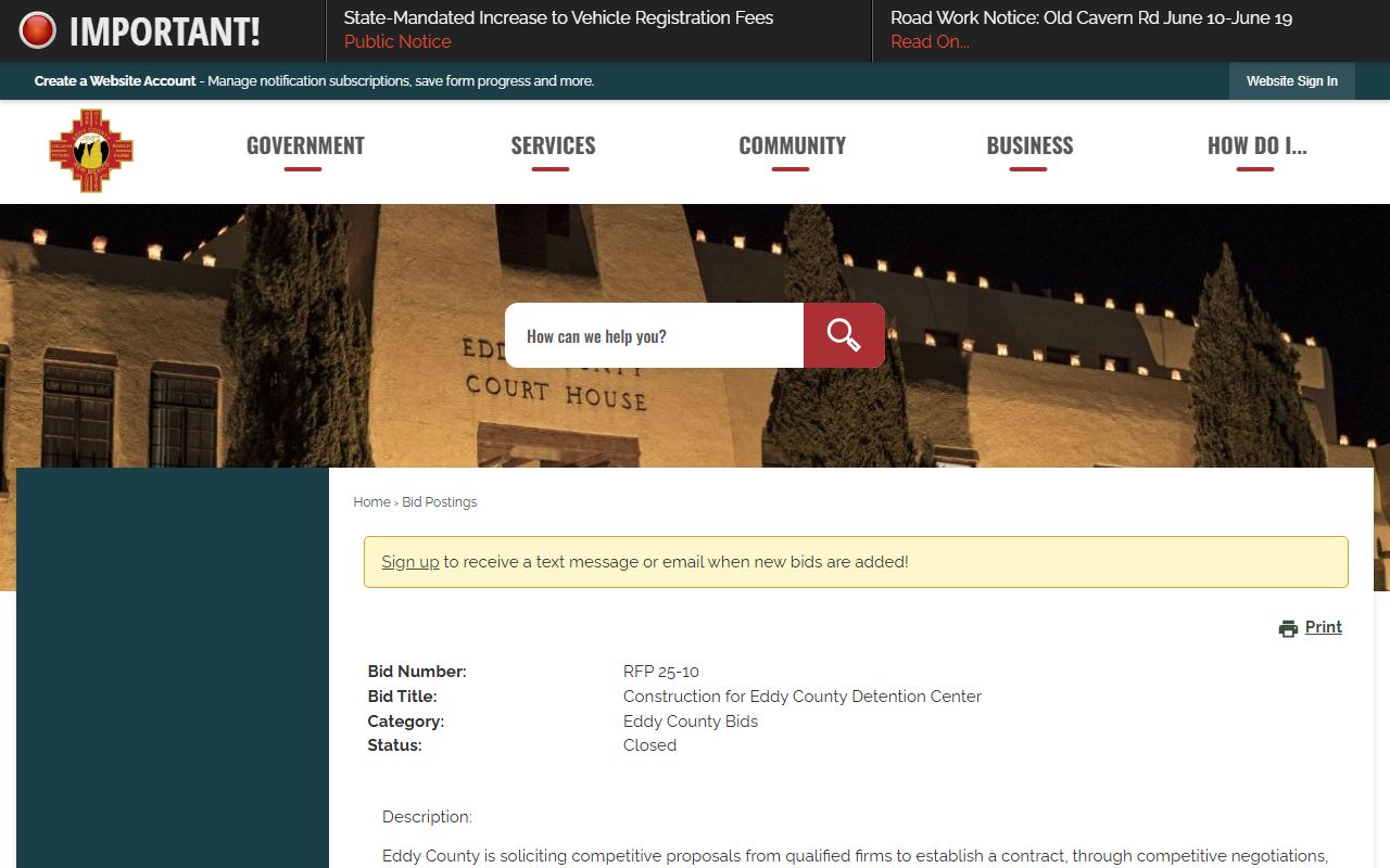 Eddy County new detention center bid page for jail capacity project