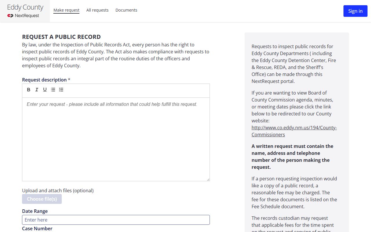 Eddy County NextRequest public records request form