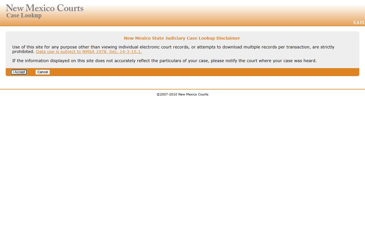 New Mexico Judiciary Case Lookup disclaimer and search entry page